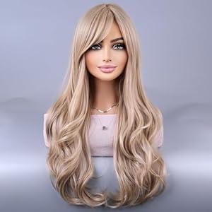 BERON Blonde Wig Long Wavy Wig with Bangs Synthetic Wigs Long Ash Blonde Wigs for Daily Party Hairnet Include