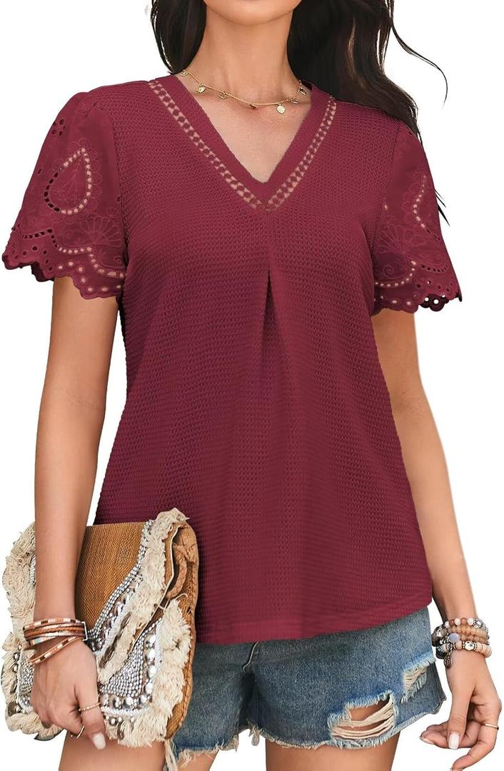 Womens Summer Tops V-Neck Short Sleeve Shirts Casual Blouses Waffle Knit Top 2025 Trendy Clothes (Red, M) Womens Summer Tops V-Neck Short Sleeve Shirts Casual Blouses Waffle Knit Top 2025 Trendy Clothes (Red, M)