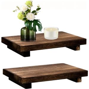 2 PCS Wood Pedestal Stand Risers for Decor, Small Wooden Tray Farmhouse Bathroom Decor for Soap Bottle Plant Makeup Candles Towels Jewelry, 9 x 5.9 x 1.57 Inch