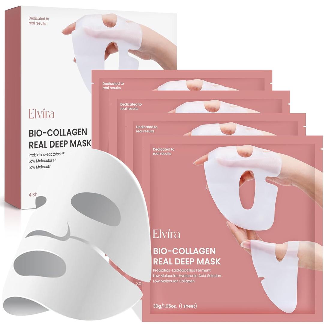 Elvira Bio-Collagen Face Mask - Deep Hydrating Overnight Face Mask, Korean Skincare, Facial Treatments & Masks for Women - Firming and Moisturizing, 4-Pack (White)