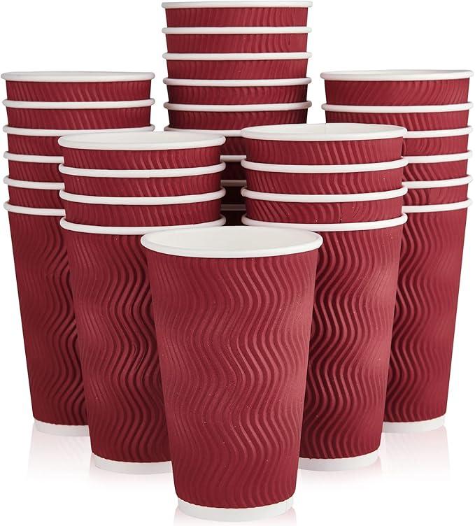 JollyPack 45 Pack 16 Oz Paper Coffee Cups, Wine Red Disposable Beverage Cups with Insulated Ripple Wall for Coffee, Tea, and Hot Chocolate