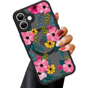 OOK Magnetic Case for iPhone 16 (6.1")  Slim Translucent Matte Black Cover with Pink Flower Design [MagSafe Compatible] Camera Protection, Lightweight & Stylish