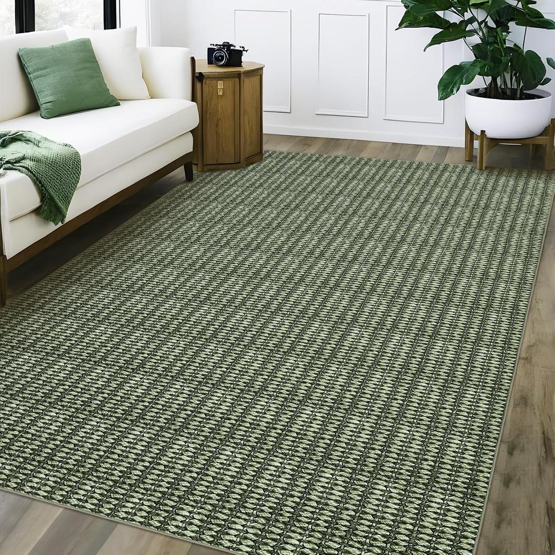 Washable Rug 9x12 Area Rug Soft Non Slip Living Room Rug Modern Braided Printed Rug Low Pile Farmhouse Rug Indoor Solid Woven Print Foldable Thin Accent Carpet for Bedroom Dorm Office Green