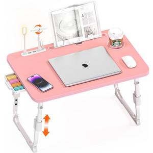 Bed Desk Height Adjustable, Bed Laptop Table with USB/Storage Drawer/Cup Holder/Tablet Stand/Book Shelf, Foldable Breakfast Tray Portable for Reading Writing, Bed, Sofa & Floor, Wood, Pink
