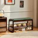 Green Shoe Bench, Entryway Bench with Leather Cushion, Solid Wood Shoe Rack, Mid Century Modern Bench, Shoe Storage, Shoe Organizer for Entryway, 31.5 L x 11.8 D x 16.5 H Inches