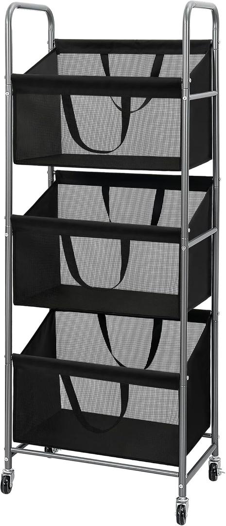 STO STO 3-Tier Vertical Rolling Laundry Hamper with Removable Bags, 120L Stackable Laundry Sorter Basket, Clothes Hamper with Wheels for Small Spaces, Closet, Bedroom, Bathroom, Laundry Room, Black