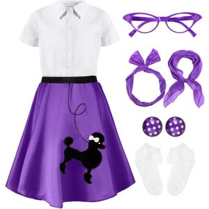 1950s Kids Poodle Skirt 50s Sock Hop Costume with Shirt Scarf Headband Earrings Glasses Socks (4-6 Years, Purple)