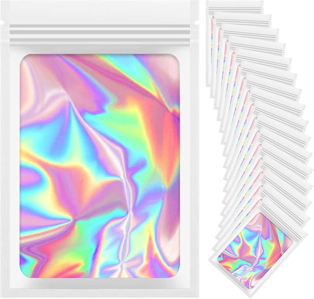 100 Pieces Resealable Mylar Bags, 4x6 Mylar Bags with Window, Small Holographic Packaging Bags for Food Storage/Jewelry/Eyelash for Small Business (White, 4.1x5.9 Inch)