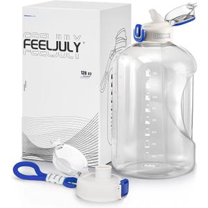 1 Gallon Water Bottle with Straw, 128 oz Large Water Jug with Times to Drink, Reusable Leak Proof with Handle, 2 Lids BPA Free Big Sports Bottles for Fitness Gym Camping (Clear, 128 Ounces)