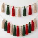 2 Pcs Tassel Garland with Wood Beads, Handmade Cotton Yarn Wall Hanging Banner Boho Tassel Wall Hanging Party Decor for Nursery, Birthday Baby Shower Home Classroom Decoration(Red Green)