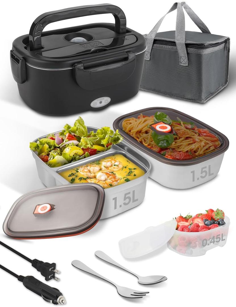 Electric-Lunch-Box-Heated-Food Warmer, 80W Heating Lunchbox for Adults, 2 Pack 1.5L Stainless Steel Containers, 12/24/110V Lonchera Eléctrica Portátil for Work/Car