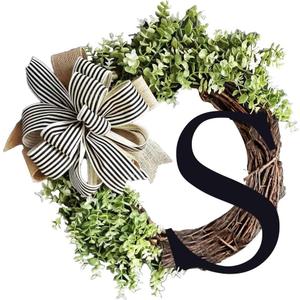 Monogram Initial Letter Wreaths for Front Door with Striped Linen Bow & Fake Green Grass on Grapevine Base Farmhouse Style Rustic Door Decor Spring Summer Green Wreath, S