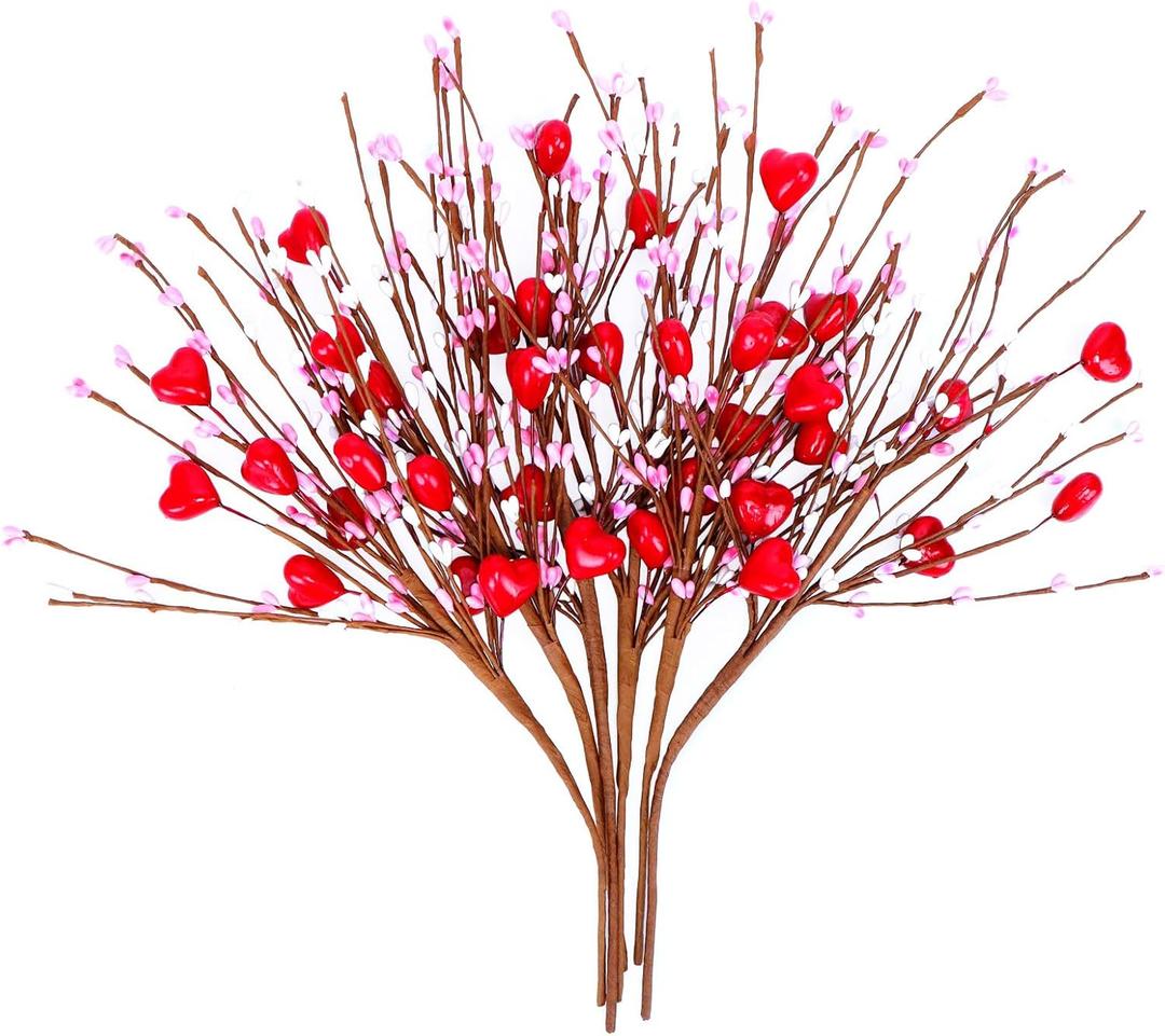 Valentines Day Gifts, Valentines Day Decorations, 6 PCS Artificial Berry Flower Stems Red Heart Shaped Berry Picks for Valentines Day, Propose, Wedding, Home Decor