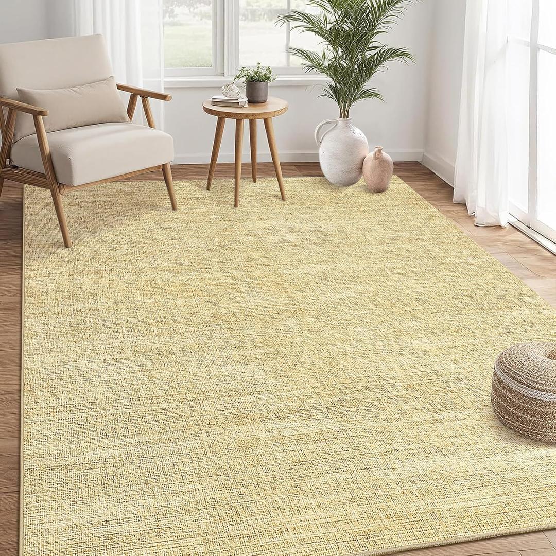 5x7 Washable Rugs Non Slip Minimalist Area Rug for Bedroom Soft Low Pile Solid Color Large Bedroom Throw Carpet Stain Resistant Classic Neutral Area Rug Plain Boho Rugs for Kitchen Nursery, Tan 5'x7'