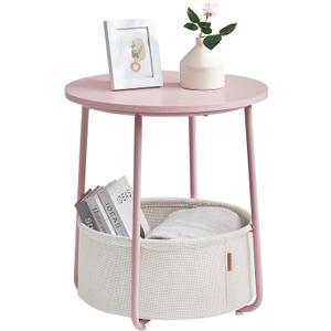 VASAGLE LILEA Collection - Small Round Side End Table, Modern Nightstand with Fabric Basket, Jelly Pink and Cream White ULET223R61
