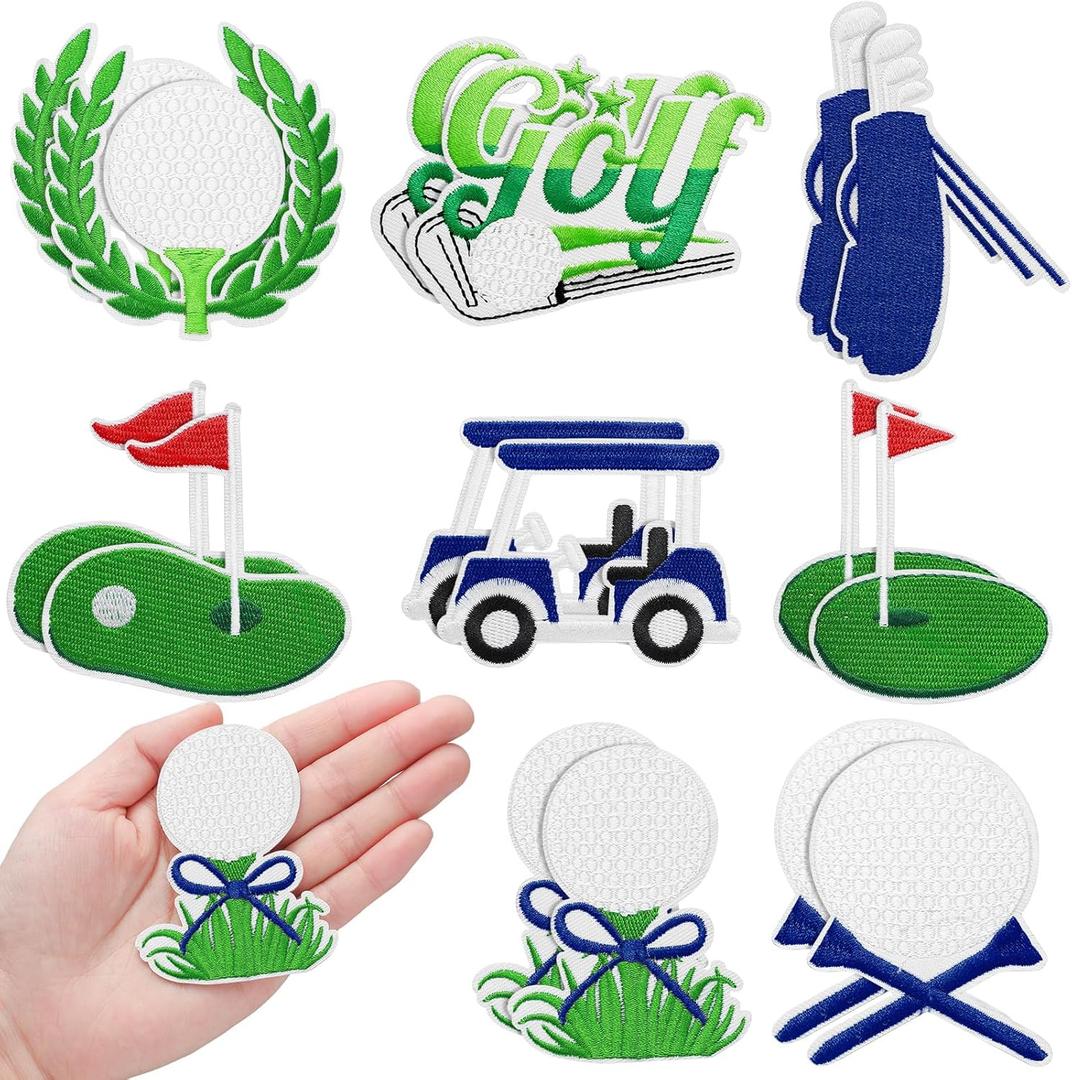 Suncalla 16 Pcs Golf Iron on Patches Embroidered Golf Sports Iron on Patches Decorative Applique Sew on for Hats Clothes Jackets Jeans Dress Backpacks Bags DIY Accessory Crafts(Blue and Green)