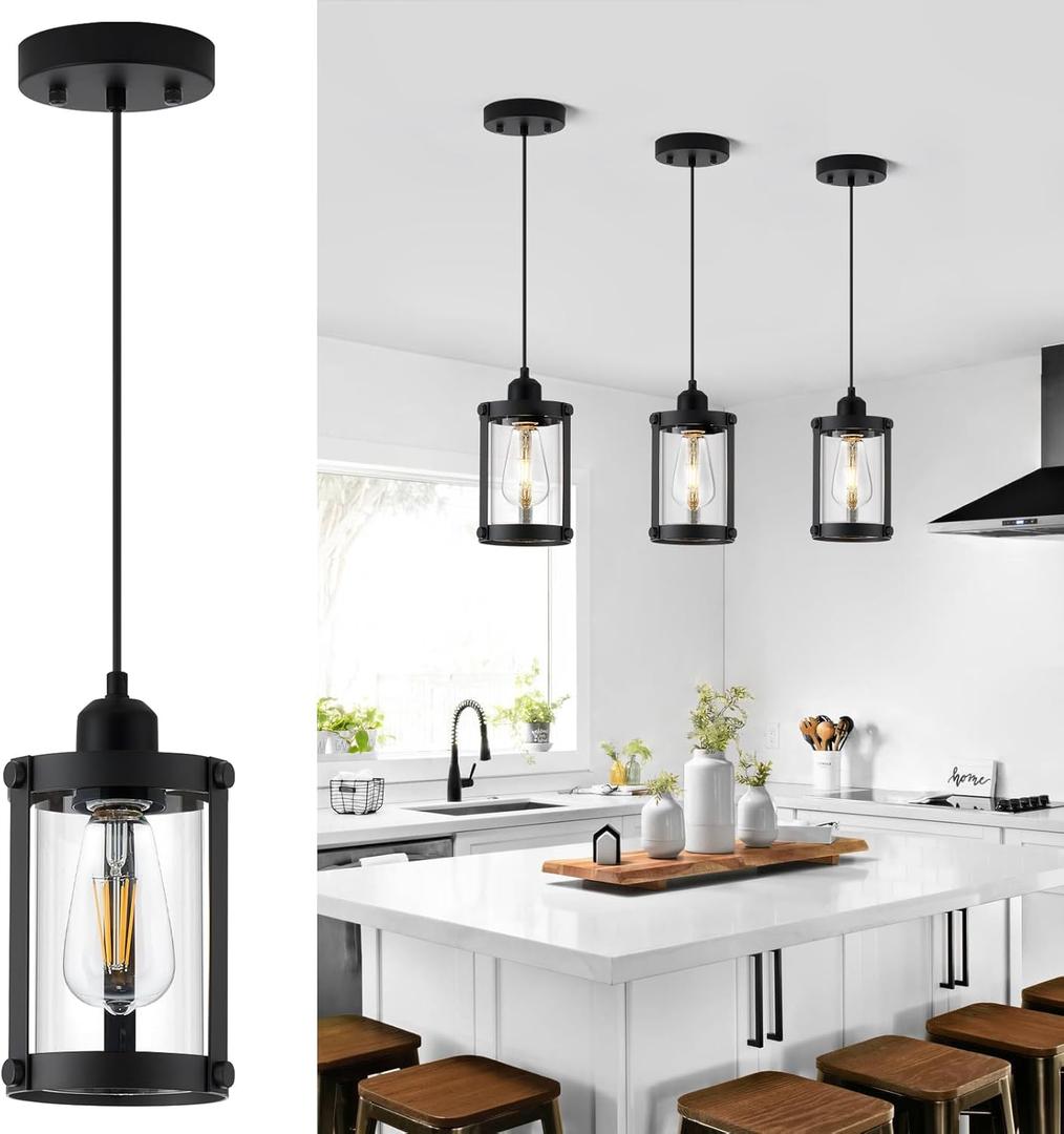 Black Pendant Lights Kitchen Island, 1-Light Modern Mini Hanging Light Fixtures with Clear Glass, Farmhouse Kitchen Pendant Lighting Over Island for Sink Dining Room, OS-3014-1PBK