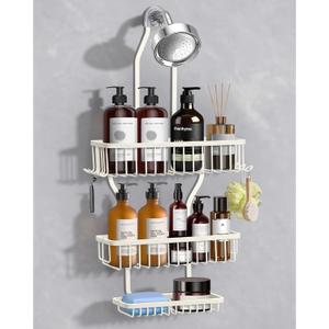 Shower Caddy Hanging - Never Rust Shower Hanging Organizer - Aluminum Over the ShowerHead Caddy with Soap Basket and 6 Hooks for Razor/Sponge (Milky White)