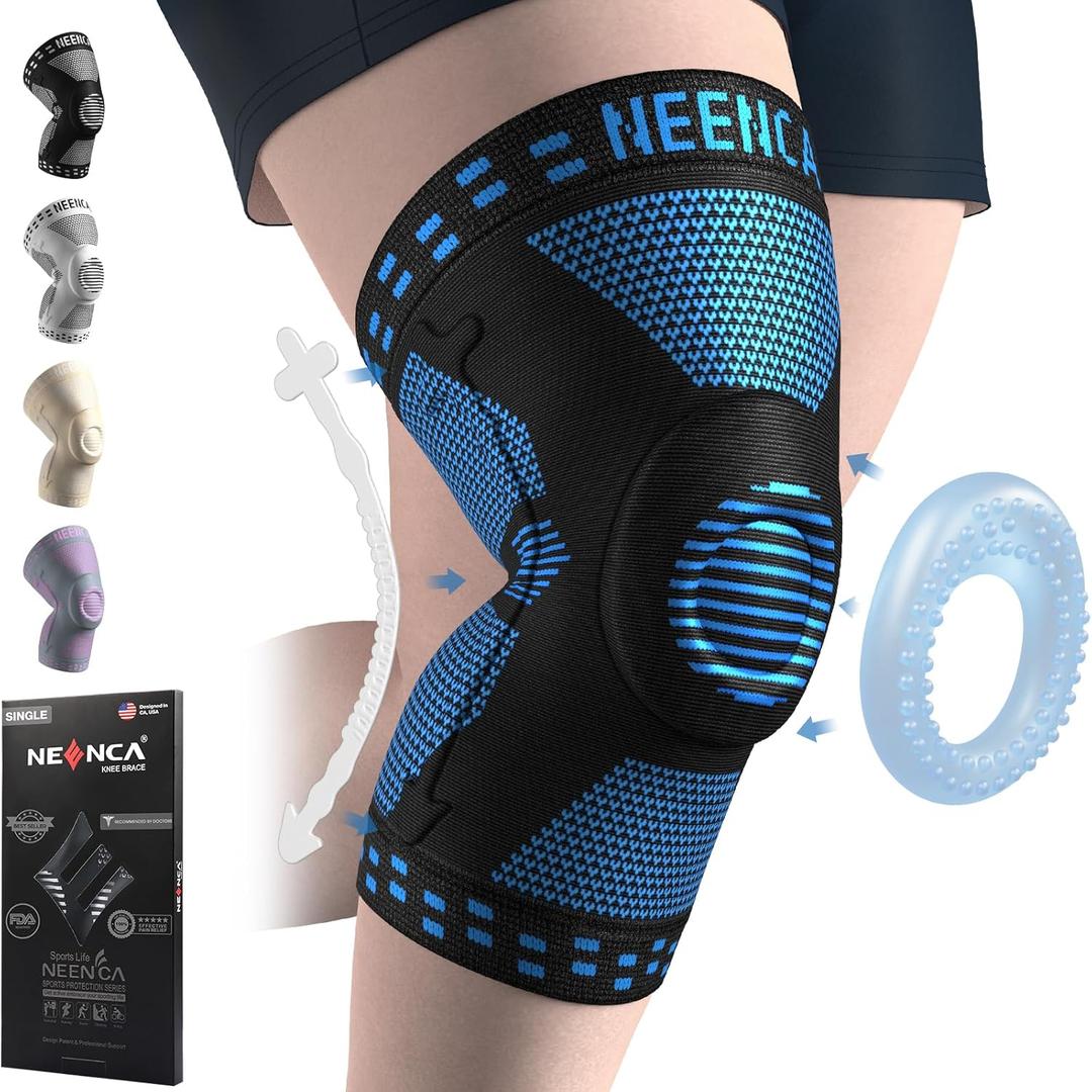 NEENCA Plus Size Knee Brace for Knee Pain, Knee Support with Side Stabilizers & Patella Gel Pad, Knee Compression Sleeve for Meniscus Tear, Arthritis Joint Pain Relief, ACL, PCL, All Sports. Plus Size (Blue - Single)