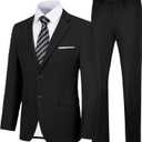 Men's Slim Fit 2 Piece Suit, Two Button Solid Suit Jacket Pants Set, Wedding Prom Suit (Large, Black)