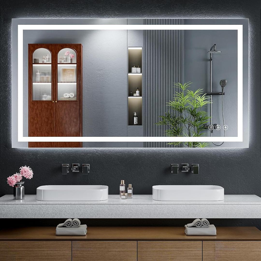 55"x30" LED Bathroom Mirror with Lights, Backlit + Front Lit with CRI>90, Lighted Mirror for Bathroom, Anti-Fog, Dimmable Brightness, 3 Colors, Memory Function, Shatterproof Tempered Glass
