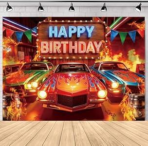 SVBright Racing Car Happy Birthday Backdrop 7Wx5H Western Vintage Retro West Brown Barn Door Rustic Farmhouse Country Fire Colorful Flags Decorations Photography Background Banner Photo Booth Studio