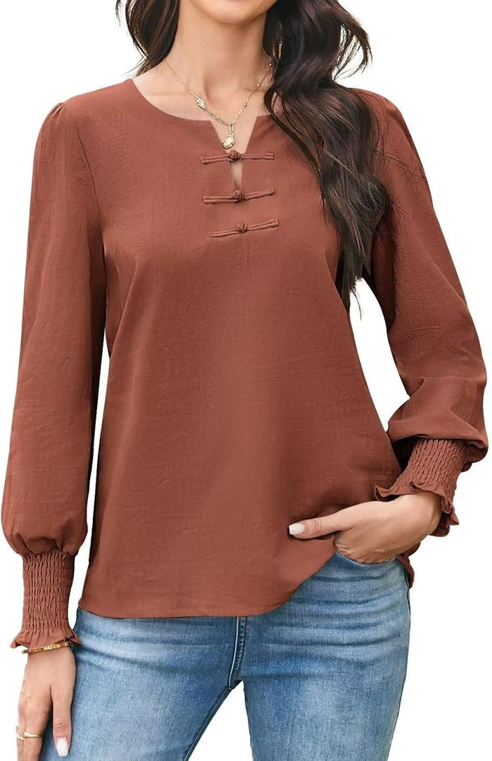 Womens Long Sleeve Tops 2025 Fall Henley Shirts Work Blouses Dressy Casual Trendy Clothes (L)