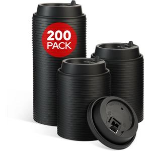 LITOPAK 200 Count Coffee Cup Lids, 3.54'' Disposable Plastic Lids for 10oz, 12oz, 16oz, and 20oz Paper Cups, Black