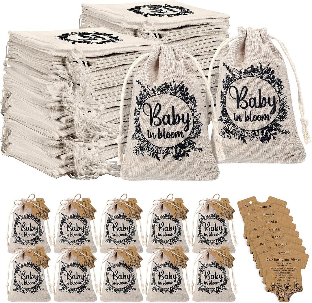 Fumete 50 Set Baby Shower Party Favors for Guests Baby in Bloom Seed Packets Wildflower Organizer Seed Packets Burlap Bag with Drawstring Thank You Cards and Twine for Party Favor Guests, No Seeds