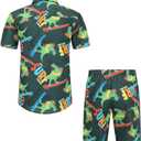 Men's Hawaiian Shirts and Shorts Set 2 Pieces Summer Beach Vacation Casual Button Down Short Sleeve Shirts Outfits (Black)