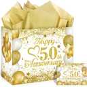 50th Anniversary Paper Gift Bag - White Gold Wedding Gift Wrapping Bag with Tissue Papers & Card - Perfect for Golden Wedding Anniversary or Christmas Decor