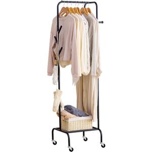 FILWH Rolling Coat Rack with Storage Shelf Freestanding Coat Rack Hall Tree with 6 Hooks for Entryway, Bedroom Metal Clothes Hanger Stand for Hats, Jackets, Bags,Shoes (Black, Single-layer)