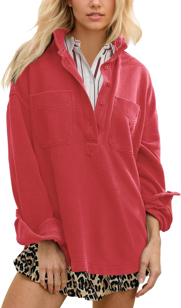 Locachy Women's Casual Oversized Polo Neck Sweatshirt Lapel Long Sleeve Button Pullover Tops Fashion Outfits Clothes (Red, XL)