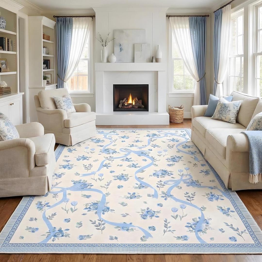 GarveeHome Floral Bow Rugs for Bedroom Girls, 8x10 Area Rugs for Living Room with Soft Low Pile, Non Slip Blue and White Washable Rug 8x10 for Nursery Kids Dorm Dining Room Playroom