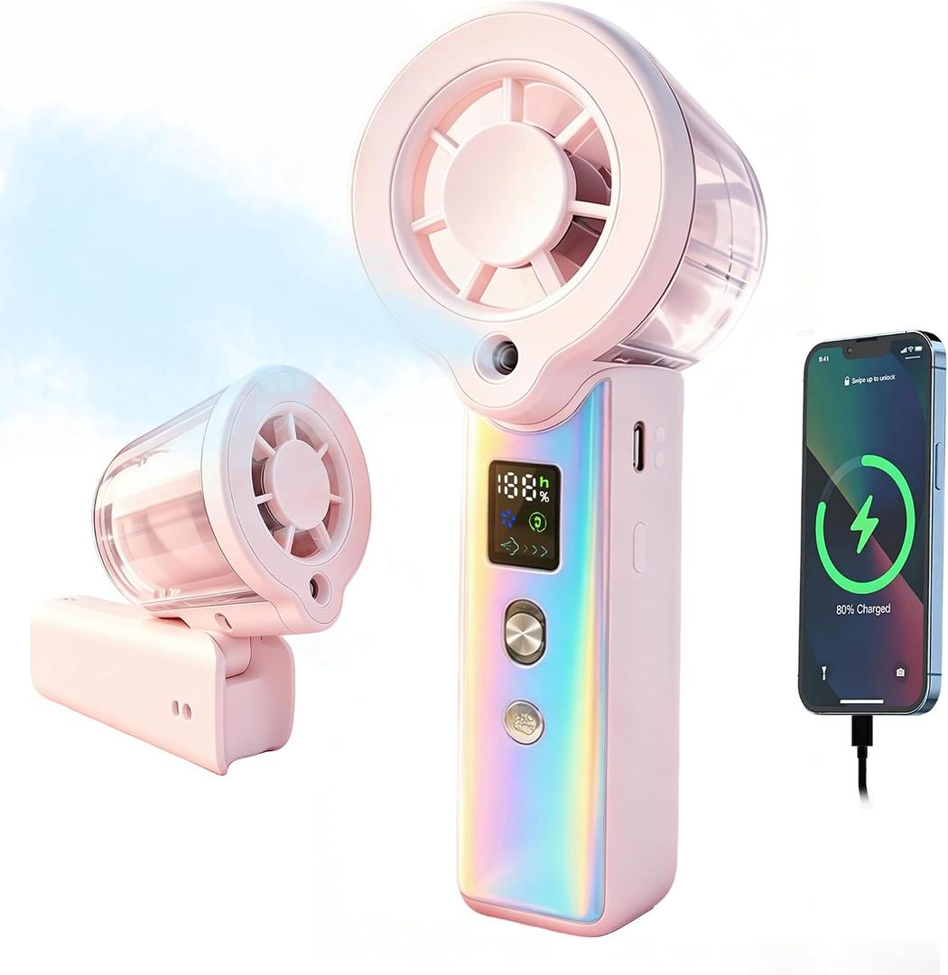 Portable Misting Fan, Handheld Rechargeable Fan with Water Mist, Personal Mini Turbo Fan with 1-100 High Speeds (20000 RPM), LED Light for Music Festival, Summer Trip Must-Haves, Holographic Pink
