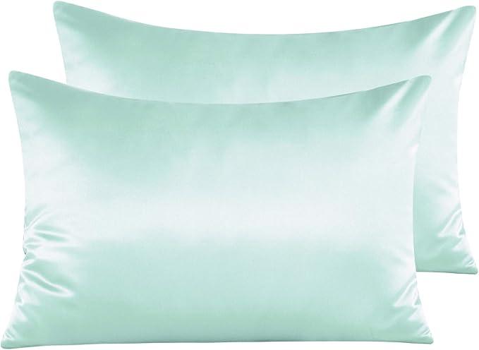NTBAY Zippered Satin Pillow Cases for Hair and Skin, Luxury Queen Hidden Zipper Pillowcases Set of 2, 20x30 Inches, Cyan