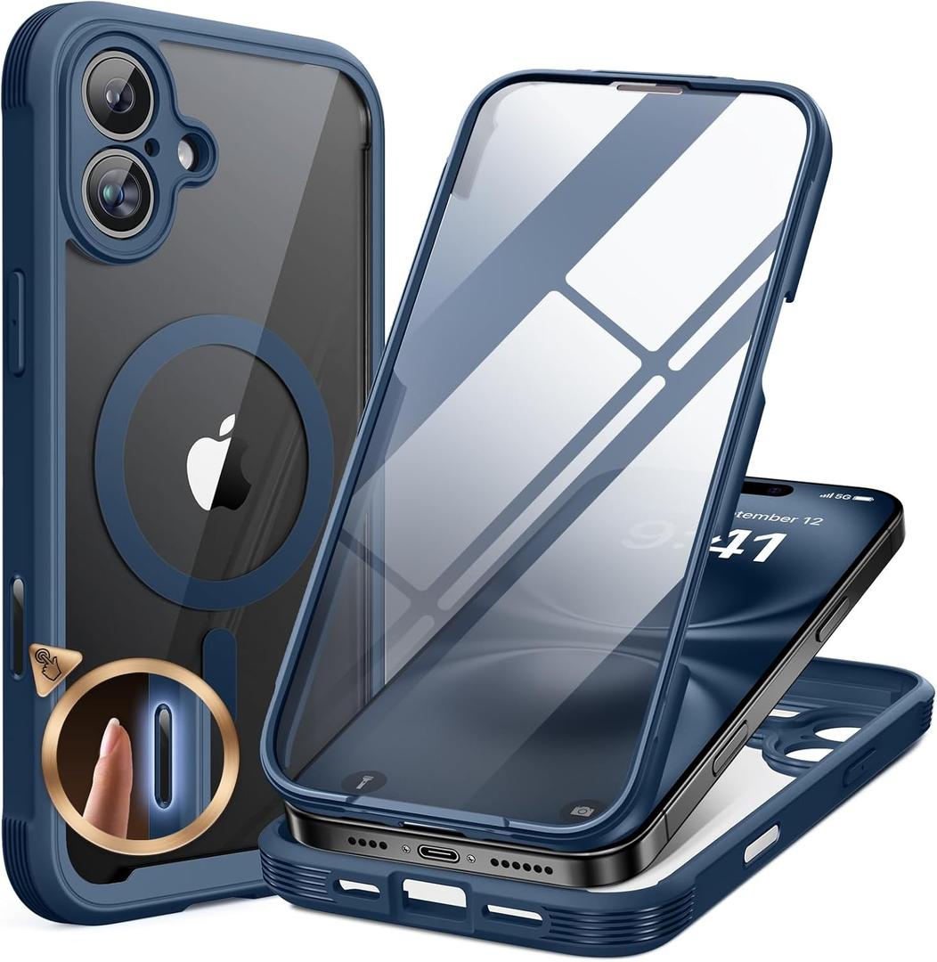 Miracase for iPhone 16 Case 6.1'', Full-Body Protective Phone case with Built-in Full Glass Screen &Camera Control,Easy Installation,No Gap,Compatible with MagSafe,SGS Drop Proof 16 Cover,Storm Blue