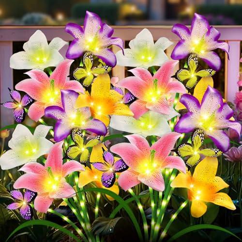 Solar Garden Lights 4 Pack 16 Lily Flowers with Butterfly Decor, Gifts for Mom Woman Mothers Day Birthday Solar Flower Lights for Outside - Decorative Lilies for Yard, Patio, Pathway