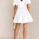 BWQ Women Mini Dress Short Puff Sleeve Sexy V Neck Dress A-line Elastic High Waisted Casual Flowy Summer Dresses (White)