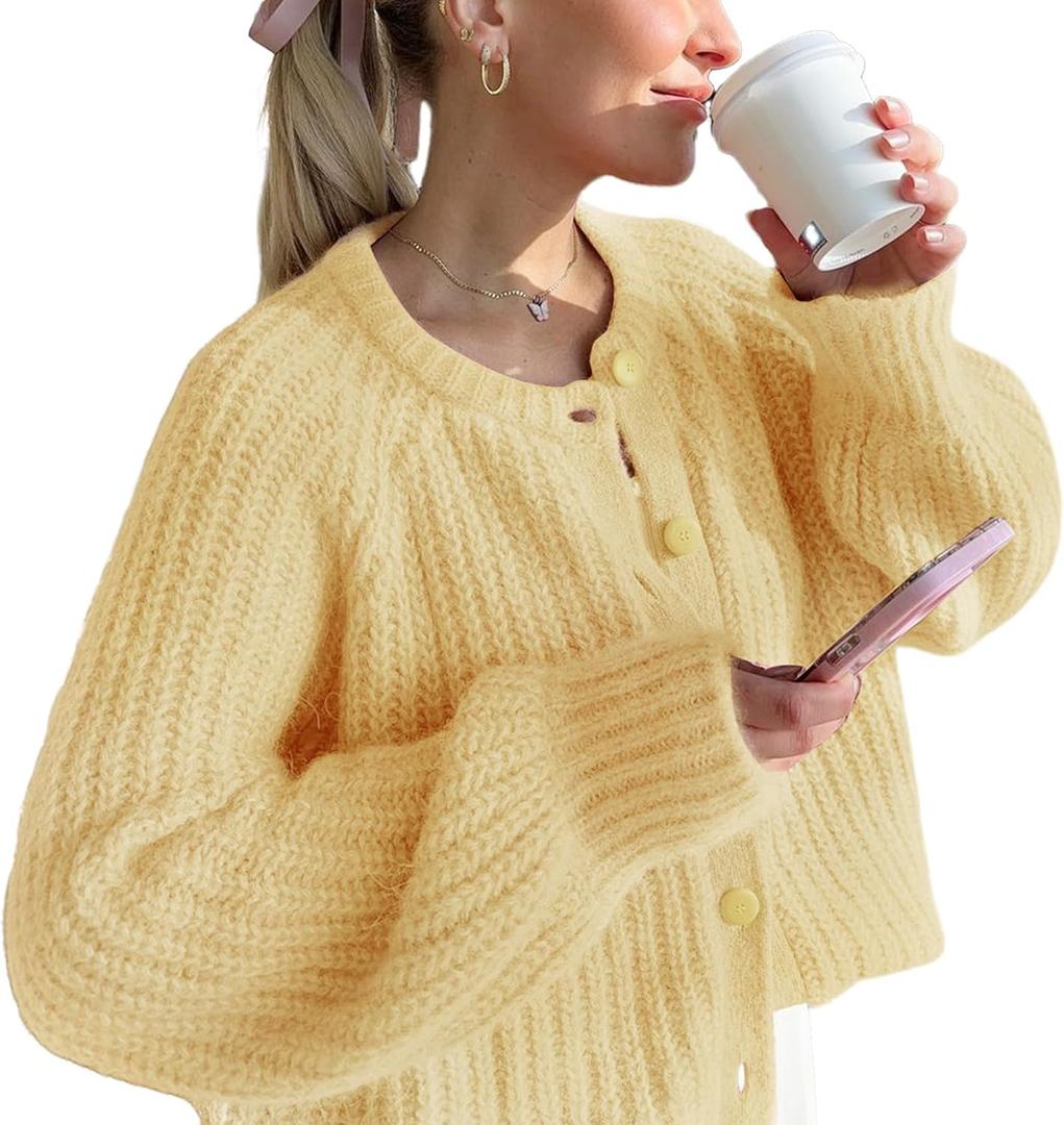 Wyeysyt Womens Cardigan Sweater Button Down Long Sleeve Chunky Soft Knit Sweater Fall Open Front Loose Casual Cardigan Coat (Yellow, S)