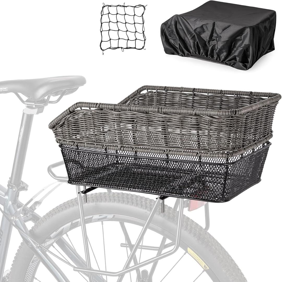 CXWXC Rear Bike Basket - Large Bicycle Rear Basket with Cargo Net and Waterproof Cover, Hand-Woven Baskets Rear Large Capacity (Grey)