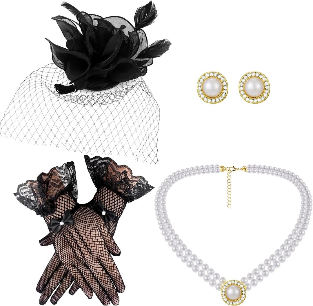 Bencailor 50s Fascinator Hat for Women Funeral Veil Hats Set Mesh Headpiece and Lace Glove Necklace Earring for Tea Party Cocktail