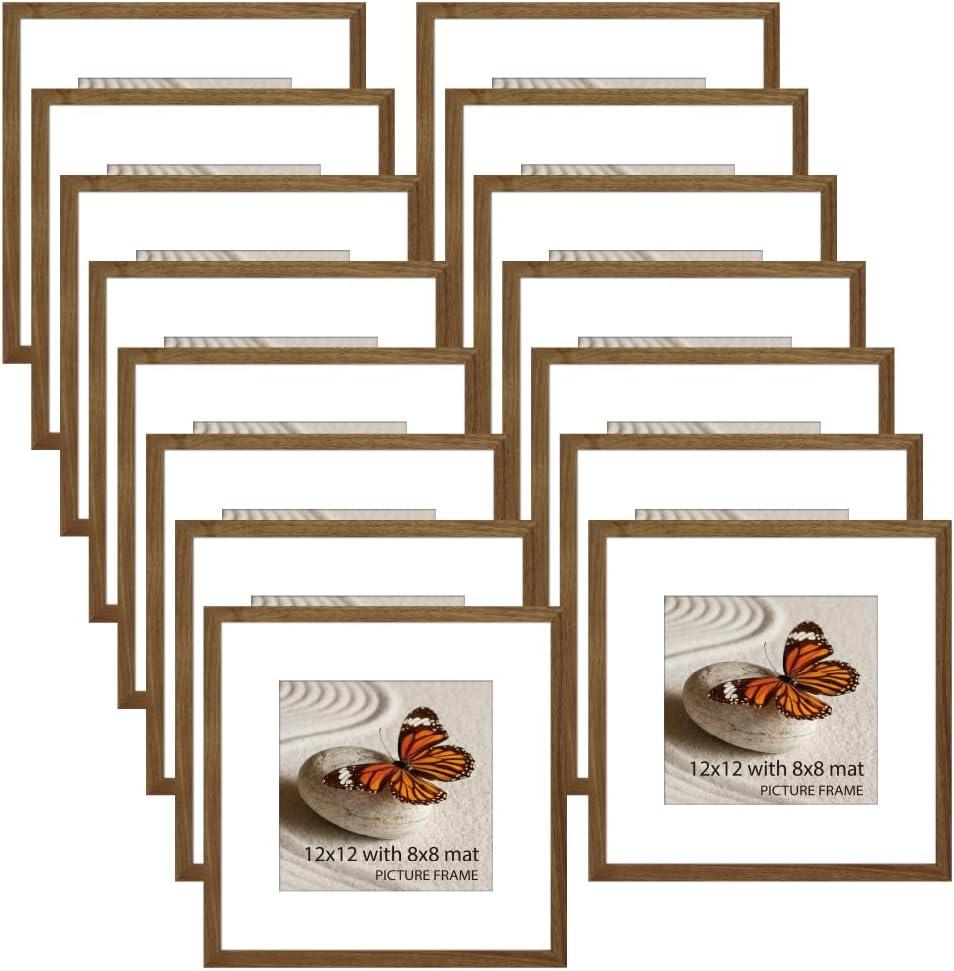 Memory Island 12x12 with 8x8 Photo Frames for Wall and Tabletop Display, 12 by 12 Walnut Wood Picture Frames with HD Plexiglass, Set of 15