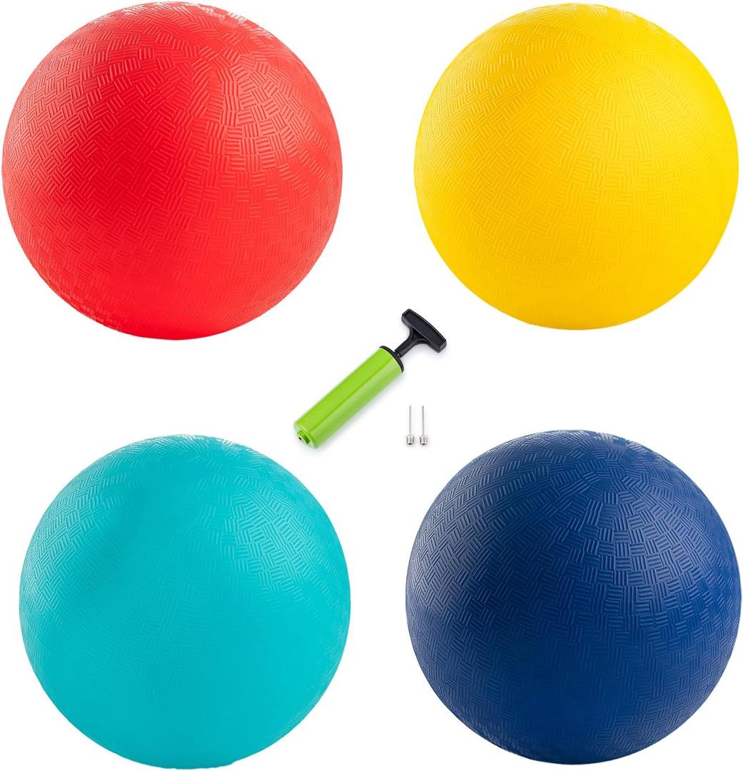 New Bounce Playground Balls for Kids - Set of 4 Rubber Bouncing Balls Plus Pump & 2 pins - Regulation Size for Dodgeball and More - Durable, Inflatable 8.5" Game Kickballs