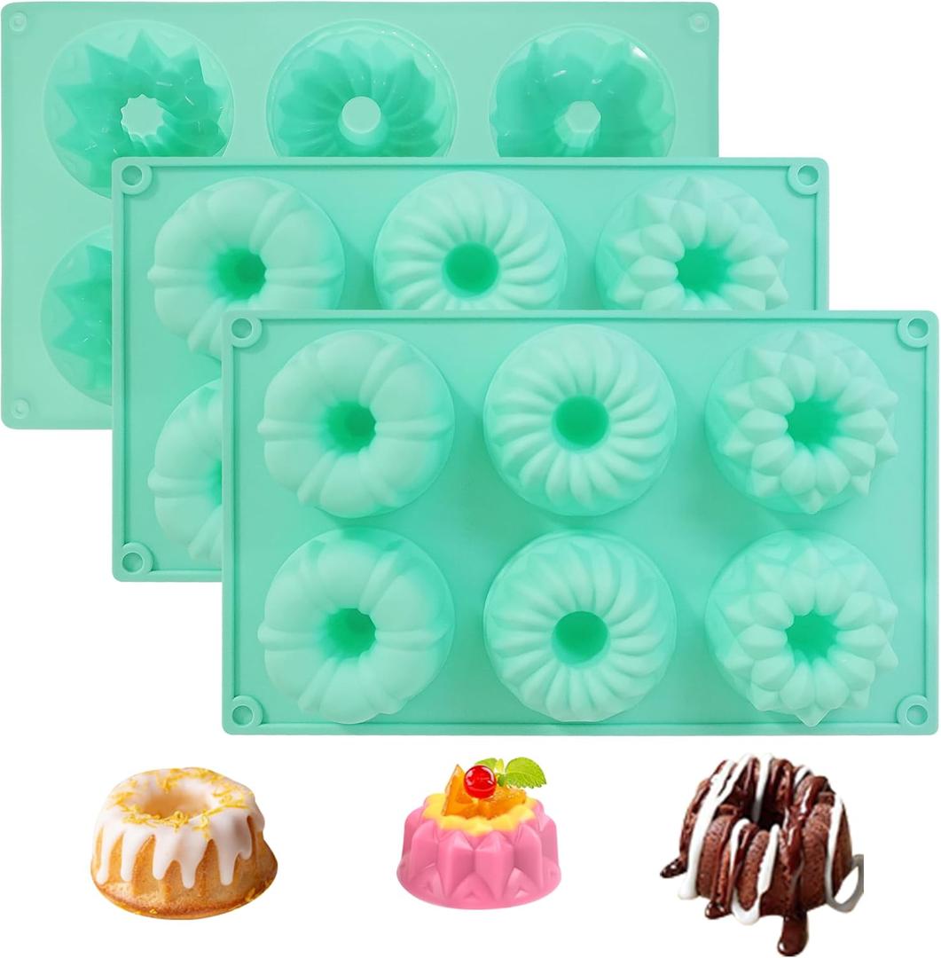 2025 New Mini Bundt Cake Pan, 3Pcs Silicone Fluted Tube Cake Pan, 6-Cavity Nonstick Silicone Baking Molds for Cupcake Cornbread Brownie Jello