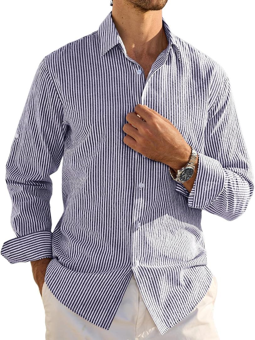 CURBODO Mens Button Down Long Sleeve Shirts Striped Collar Cotton Casual Business Summer Beach Wedding Dress Shirt Blue Stripe M