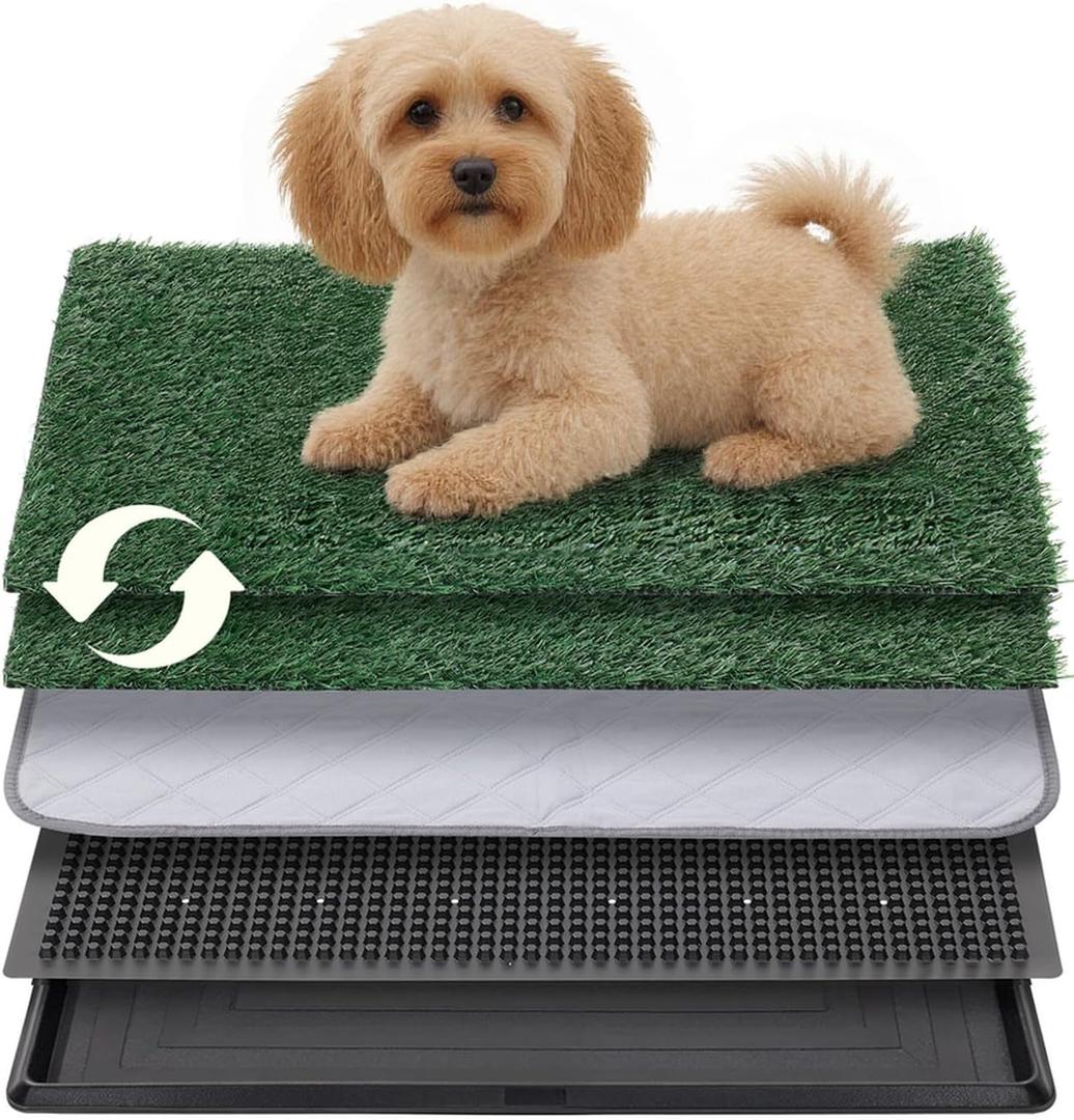 Petcozife Dog Grass Pad with Tray, 16"x20" Grass Pad for Dogs Potty with 2pcs Artificial Grass, Indoor Dog Litter Box for Balcony Apartment, Realistic, Washable, Less Odor