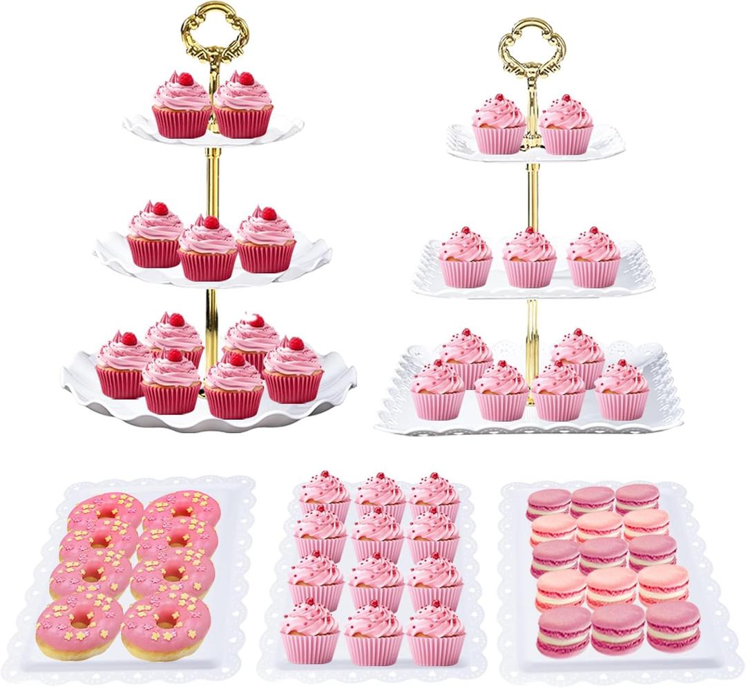 Frigg Dessert Table Display Set,5Pcs Cake Stand,2Pcs 3 tiered Cupcake Stands and 3Pcs Dessert Trays serving trays for Party Baby Shower Wedding Tea Party