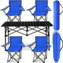 5 Pcs Summer Portable Camping Chair and Folding Camping Table Set Outdoor Oxford Fabric Folding Chair Lawn Portable Camp Table with Cup Holder Carry Bag for Travel Fishing Sport(Blue)