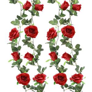 Felice Arts 2 Pack Red Artificial Rose Garland, Each 6.5FT Fake Flower Garland, Hanging Floral Vines for Wedding Table Teepee Mirror Home Party Decor (Burgundy)